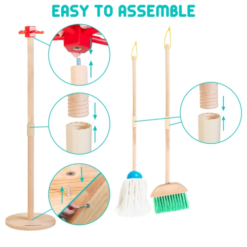 HELLOWOOD Kids Cleaning Set, 8pcs Housekeeping Play Set Includes Broom Mop Duster Dustpan Brushes Rag and Organizing Sta