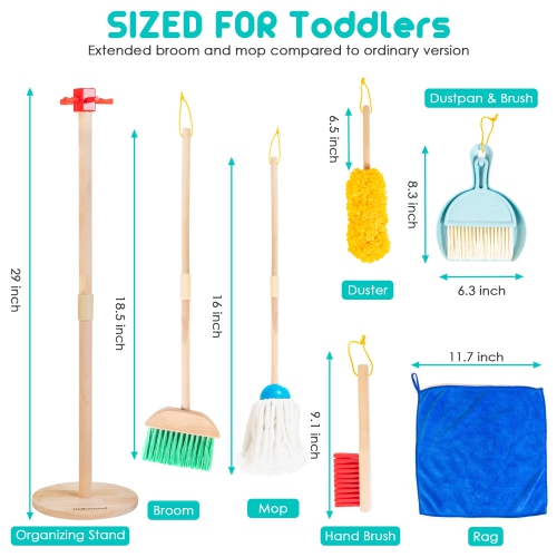 HELLOWOOD Kids Cleaning Set, 8pcs Housekeeping Play Set Includes Broom Mop Duster Dustpan Brushes Rag and Organizing Sta