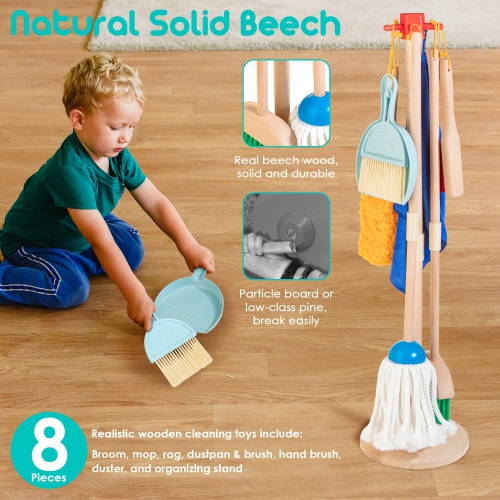 HELLOWOOD Kids Cleaning Set, 8pcs Housekeeping Play Set Includes Broom Mop Duster Dustpan Brushes Rag and Organizing Sta