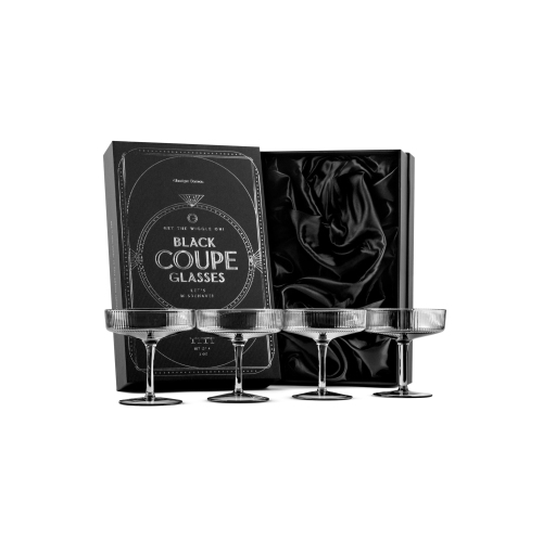 GLASSIQUE CADEAU  Vintage Art Deco Smoke Coupe Glasses | Set Of 4 | 7 OZ Ribbed Cocktail Glassware for Drinking Champagne, Martini, In Black