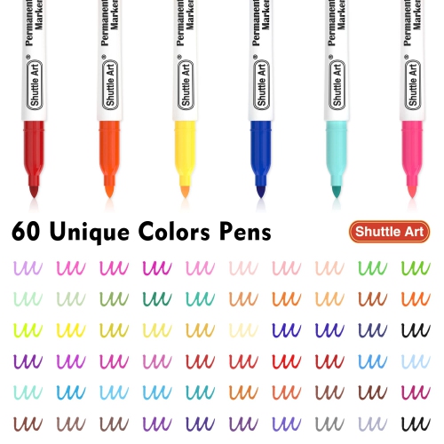 Shuttle Art – Marqueurs permanents 60 couleurs, pointe fine, couleurs variées, travaux sur plastique, bois, pierre, métal et verre pour faire
