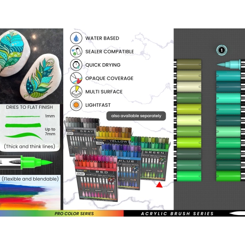 22 Flexible Brush Tip Acrylic Paint Pens Markers Set 1-7mm Line for Rock Painting, Brush Lettering, Glass, Mugs, Wood, M