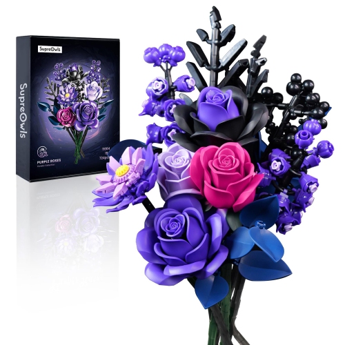 Purple Flower Bouquet Building Set,Rose Botanical Collection Blocks Kit,Compatible with Lego,for Adults Women,Artificial