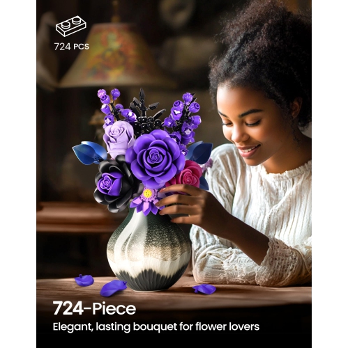 Purple Flower Bouquet Building Set,Rose Botanical Collection Blocks Kit,Compatible with Lego,for Adults Women,Artificial