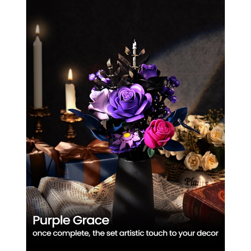 Purple Flower Bouquet Building Set,Rose Botanical Collection Blocks Kit,Compatible with Lego,for Adults Women,Artificial