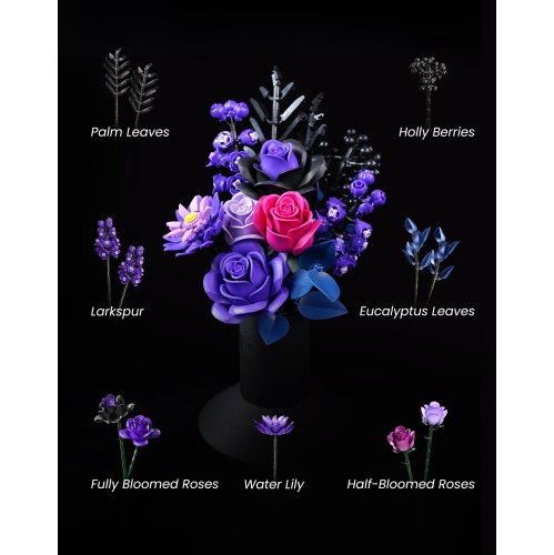 Purple Flower Bouquet Building Set,Rose Botanical Collection Blocks Kit,Compatible with Lego,for Adults Women,Artificial