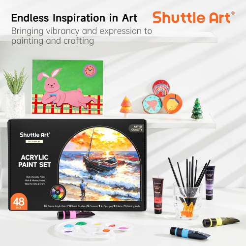 Shuttle Art – Ensemble de peinture acrylique, 30 couleurs, peinture acrylique avec 10 pinceaux 5 1 toile 1 couteau à peinture 1 palette 48
