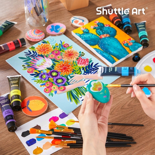 Shuttle Art – Ensemble de peinture acrylique, 30 couleurs, peinture acrylique avec 10 pinceaux 5 1 toile 1 couteau à peinture 1 palette 48