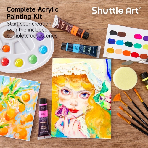 Shuttle Art – Ensemble de peinture acrylique, 30 couleurs, peinture acrylique avec 10 pinceaux 5 1 toile 1 couteau à peinture 1 palette 48