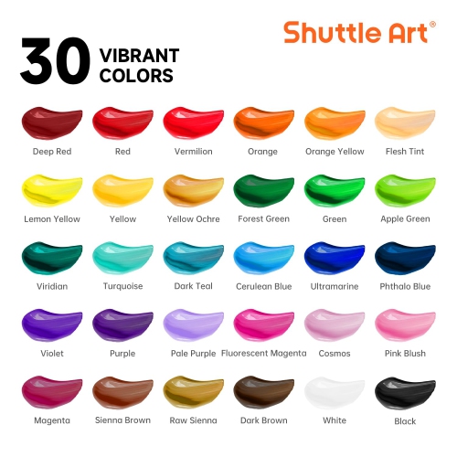 Shuttle Art – Ensemble de peinture acrylique, 30 couleurs, peinture acrylique avec 10 pinceaux 5 1 toile 1 couteau à peinture 1 palette 48