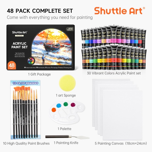 Shuttle Art – Ensemble de peinture acrylique, 30 couleurs, peinture acrylique avec 10 pinceaux 5 1 toile 1 couteau à peinture 1 palette 48