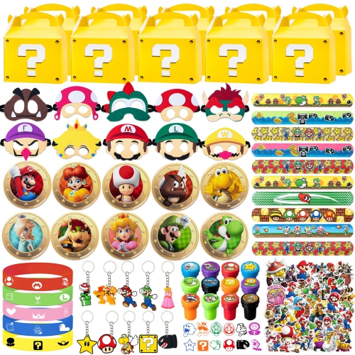 DAESICHI  122 PCs Birthday Party Favors Include 10 Boxes, 20 Wristbands, 10Masks, 10 Keychains, 12 Stamps, 10 Pattern Decorations And