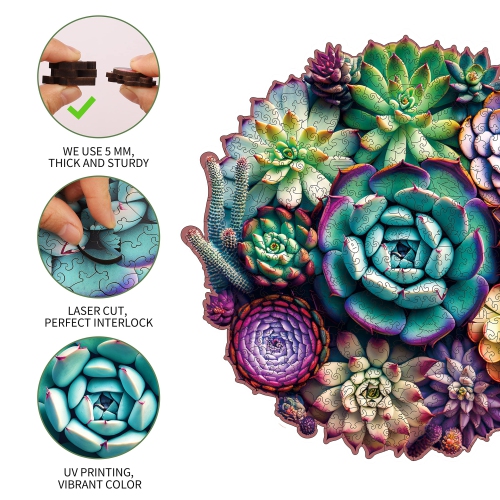 Mys Aurora Wooden Puzzles for Adults, Mandala Succulent Plants 200 Piece Jigsaw Puzzles, Unique Shaped Wooden Puzzles fo