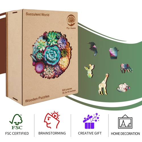 Mys Aurora Wooden Puzzles for Adults, Mandala Succulent Plants 200 Piece Jigsaw Puzzles, Unique Shaped Wooden Puzzles fo