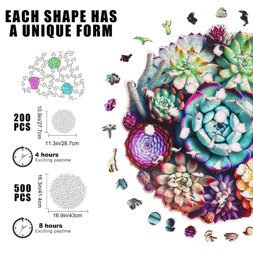 Mys Aurora Wooden Puzzles for Adults, Mandala Succulent Plants 200 Piece Jigsaw Puzzles, Unique Shaped Wooden Puzzles fo
