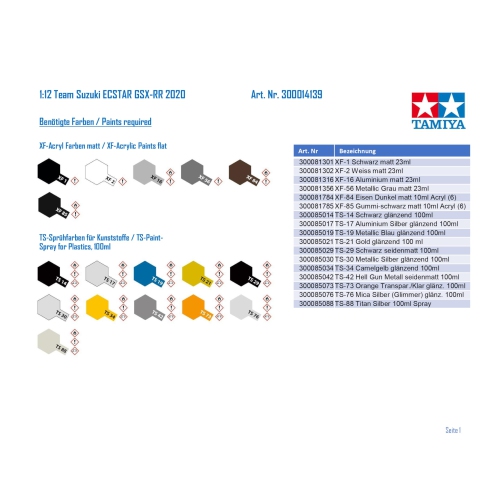 TAMIYA Vehicle 14139 1:12 Team Suzuki ECSTAR GSX-RR 2020 Faithful Replica Plastic Kit, Crafts, Model Kit, Assembly, Unpa