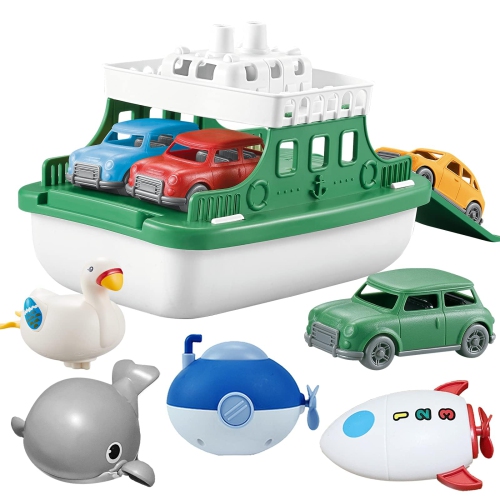 OKGIUGN Ferry Boat Toys Set with 4 Cars and 4 Wind Up Bath Swimming Toys, Kids Bath Toy Floating Vehicle Whales Submarin