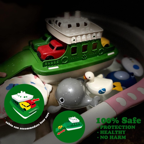 OKGIUGN Ferry Boat Toys Set with 4 Cars and 4 Wind Up Bath Swimming Toys, Kids Bath Toy Floating Vehicle Whales Submarin