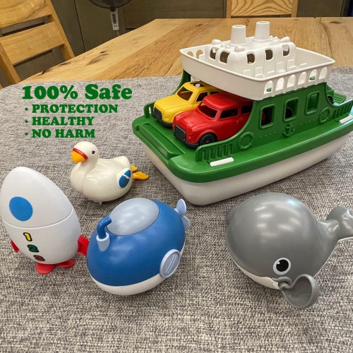 OKGIUGN Ferry Boat Toys Set with 4 Cars and 4 Wind Up Bath Swimming Toys, Kids Bath Toy Floating Vehicle Whales Submarin