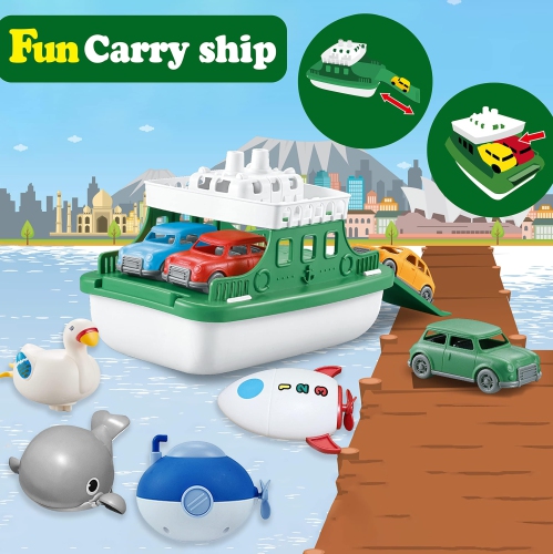 OKGIUGN Ferry Boat Toys Set with 4 Cars and 4 Wind Up Bath Swimming Toys, Kids Bath Toy Floating Vehicle Whales Submarin