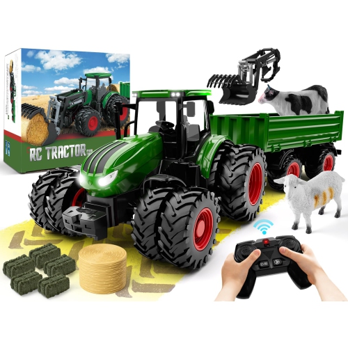 WELIN Remote Control Tractor and Trailer Toys - Rechargeable RC Tractor Playset with Metal Car Head/Lights/8 Wheels, Gre