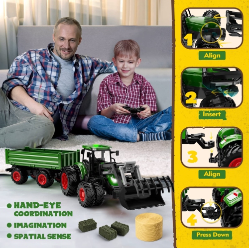 WELIN Remote Control Tractor and Trailer Toys - Rechargeable RC Tractor Playset with Metal Car Head/Lights/8 Wheels, Gre