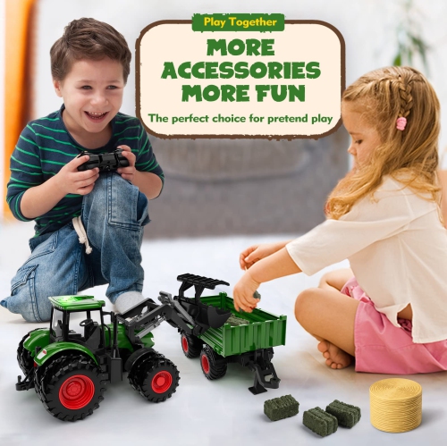 WELIN Remote Control Tractor and Trailer Toys - Rechargeable RC Tractor Playset with Metal Car Head/Lights/8 Wheels, Gre