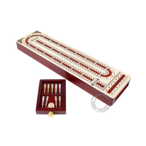 House of Cribbage - 3 Track - Continuous Cribbage Board Alphabet e Shape Inlaid in Maple Wood and Bloodwood with Storage