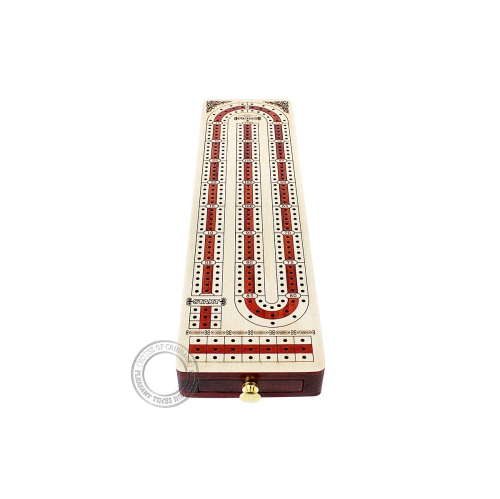 House of Cribbage - 3 Track - Continuous Cribbage Board Alphabet e Shape Inlaid in Maple Wood and Bloodwood with Storage