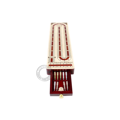 House of Cribbage - 3 Track - Continuous Cribbage Board Alphabet e Shape Inlaid in Maple Wood and Bloodwood with Storage