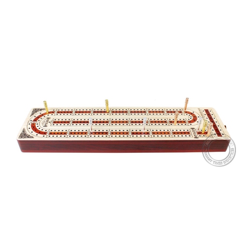 House of Cribbage - 3 Track - Continuous Cribbage Board Alphabet e Shape Inlaid in Maple Wood and Bloodwood with Storage