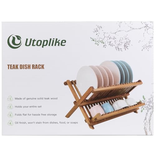 Utoplike Teak Wood Dish Drying Rack, Collapsible 2-Tier Drainer Rack, Plate Rack Holder for Kitchen Countertop, Foldable
