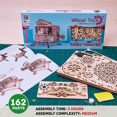 Wood Trick Fairy Theater Happy Birthday Wooden Music Box Kit - w/Fairy Characters - Hand Crank - 3D Wooden Puzzle for Ad