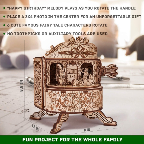 Wood Trick Fairy Theater Happy Birthday Wooden Music Box Kit - w/Fairy Characters - Hand Crank - 3D Wooden Puzzle for Ad