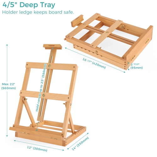 Le chevalet de table en bois robuste avec cadre en H de VISWIN peut contenir jusqu'à 23 toiles