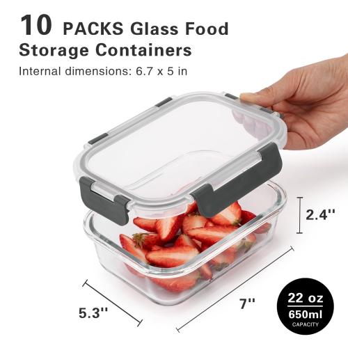 Cuiselect 10 – Contenants de préparation de repas en verre de 22 oz avec couvercles, contenants en verre réutilisables pour aliments avec couvercles,