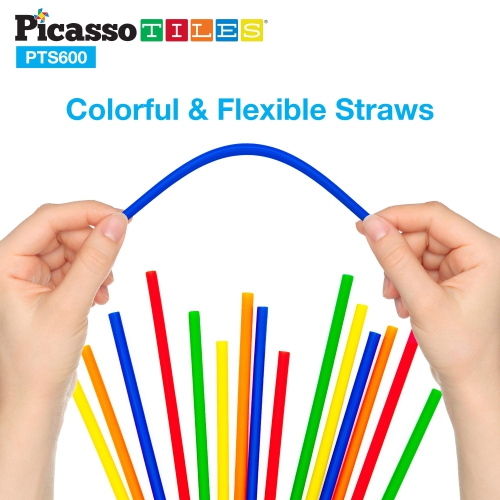 PicassoTiles 600pc Construction Toy Straw Building Set Children STEM Learning Interlocking Building Toys Creative Straw