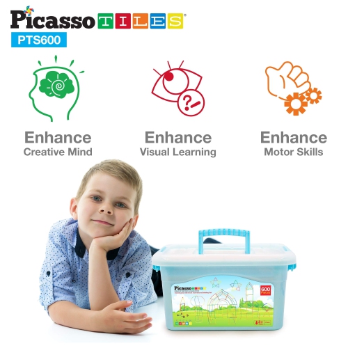 PicassoTiles 600pc Construction Toy Straw Building Set Children STEM Learning Interlocking Building Toys Creative Straw