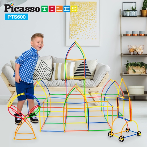 PicassoTiles 600pc Construction Toy Straw Building Set Children STEM Learning Interlocking Building Toys Creative Straw