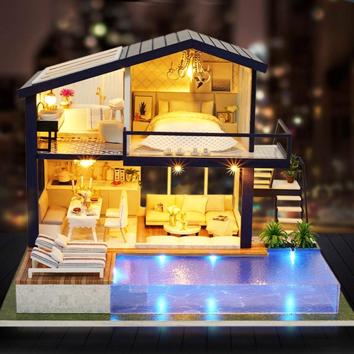 Spilay DIY Dollhouse Miniature with Wooden Furniture,DIY Dollhouse Kit with Dust Cover & Music Box,1:24 Scale Creative R