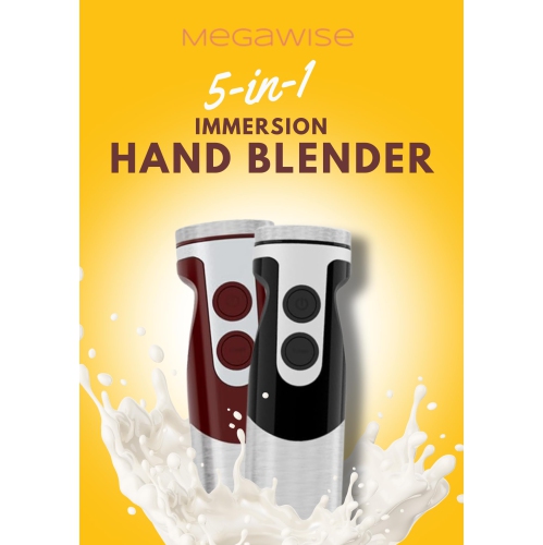 MegaWise Hand Blender Black 5-in-1 immersion Blender12 Speeds and Turbo Mode, Titanium Steel Blades, Handle, with Whisk,
