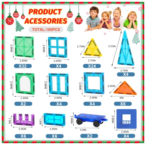 100PCS Magnetic Tiles Magnetic Blocks for Kids 3-5 6-8 8-10 Construction STEM Learning Resources Magnet Building Blocks