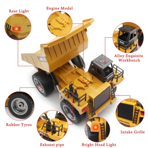 fisca RC Truck 6 Ch 2.4G Alloy Remote Control Dump Truck 4 Wheel Driver Mine Construction Vehicle Toy Machine Model with