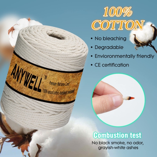ANYWELL 2mm-6mm Macrame Cord 6mm x 218yards, Cotton Cord, Macrame Rope, Corde Macram