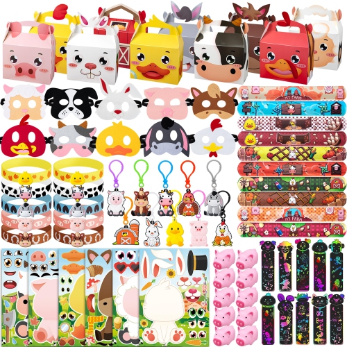 DMIGHT  Farm Animals Birthday Party Favors Set 82 PCs Barnyard Animal Masks Sticker Keychains Straw Slap Wristbands Rubber Pigs