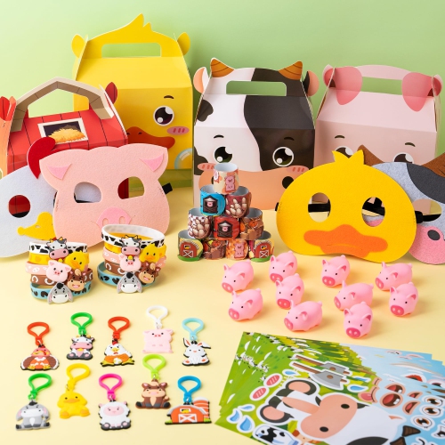 Farm Animals Birthday Party Favors Set 82 PCS Barnyard Animal Masks Sticker Keychains Straw Slap wristbands Rubber Pigs