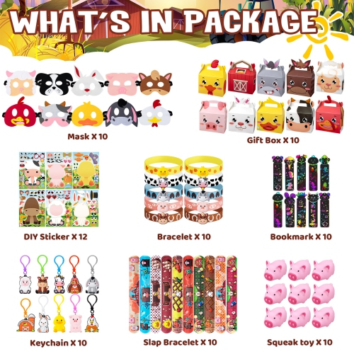 Farm Animals Birthday Party Favors Set 82 PCS Barnyard Animal Masks Sticker Keychains Straw Slap wristbands Rubber Pigs