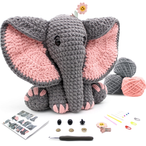 CODGP Crochet Kit for Beginners,13in Crochet Animal Kit Elephant,Crochet Starter Kit Gift for Adults Kids with Yarn Sets
