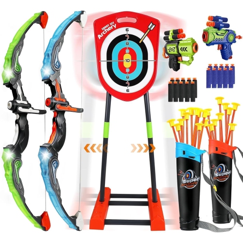 FINCOME Bow and Arrow Kids 8-12, 2 in 1 Archery Set Shooting Games Toys with Movable Standing Target, 20 Suction Cup Arr