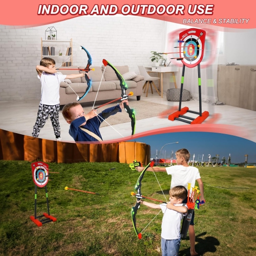 FINCOME Bow and Arrow Kids 8-12, 2 in 1 Archery Set Shooting Games Toys with Movable Standing Target, 20 Suction Cup Arr